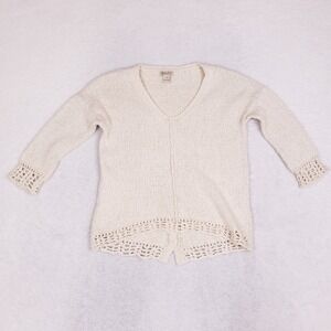 Lucky Brand Sweater M Ivory V-Neck Crochet Lace Trim Button Back Boho Relaxed